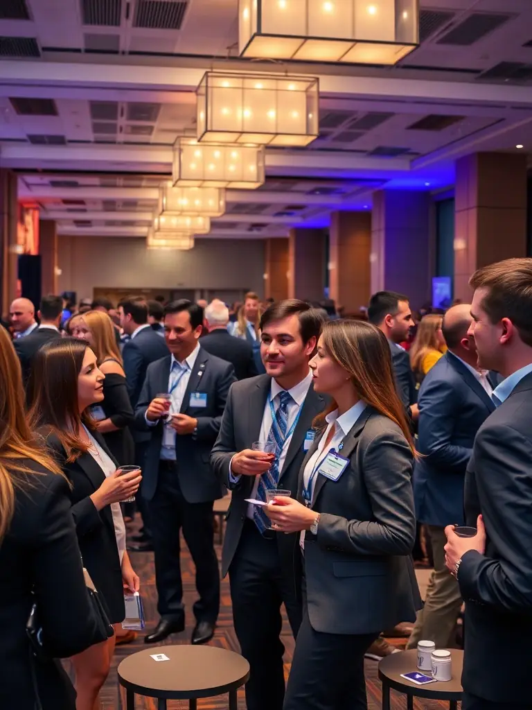 A photograph of a networking event at the conference, showing attendees engaging in conversations and exchanging business cards in a relaxed and professional setting.