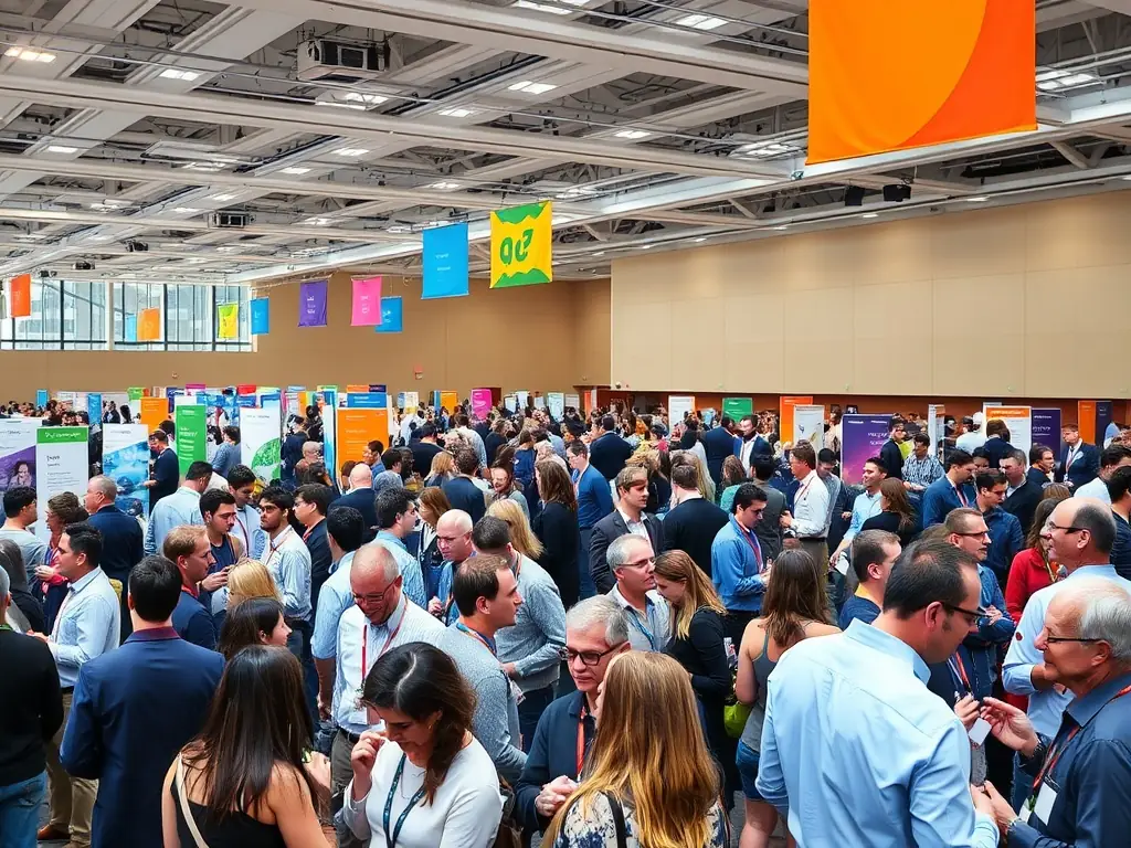 A group photo of representatives from various sponsor companies at the airbushub.uno conference, taken during a networking event. The sponsors are interacting with attendees, and the image showcases the collaborative atmosphere of the conference.
