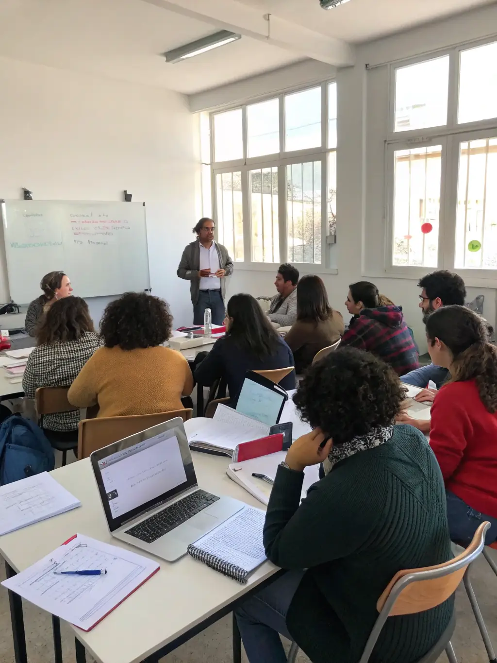 A photograph of a workshop session in progress, with attendees actively participating and engaging with the speaker. The session topic is clearly displayed on a screen.