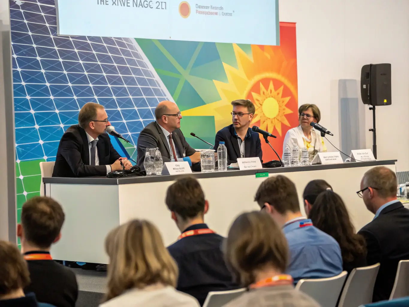 A photograph of a panel discussion at a past airbushub.uno conference, featuring diverse speakers discussing innovation in renewable energy.