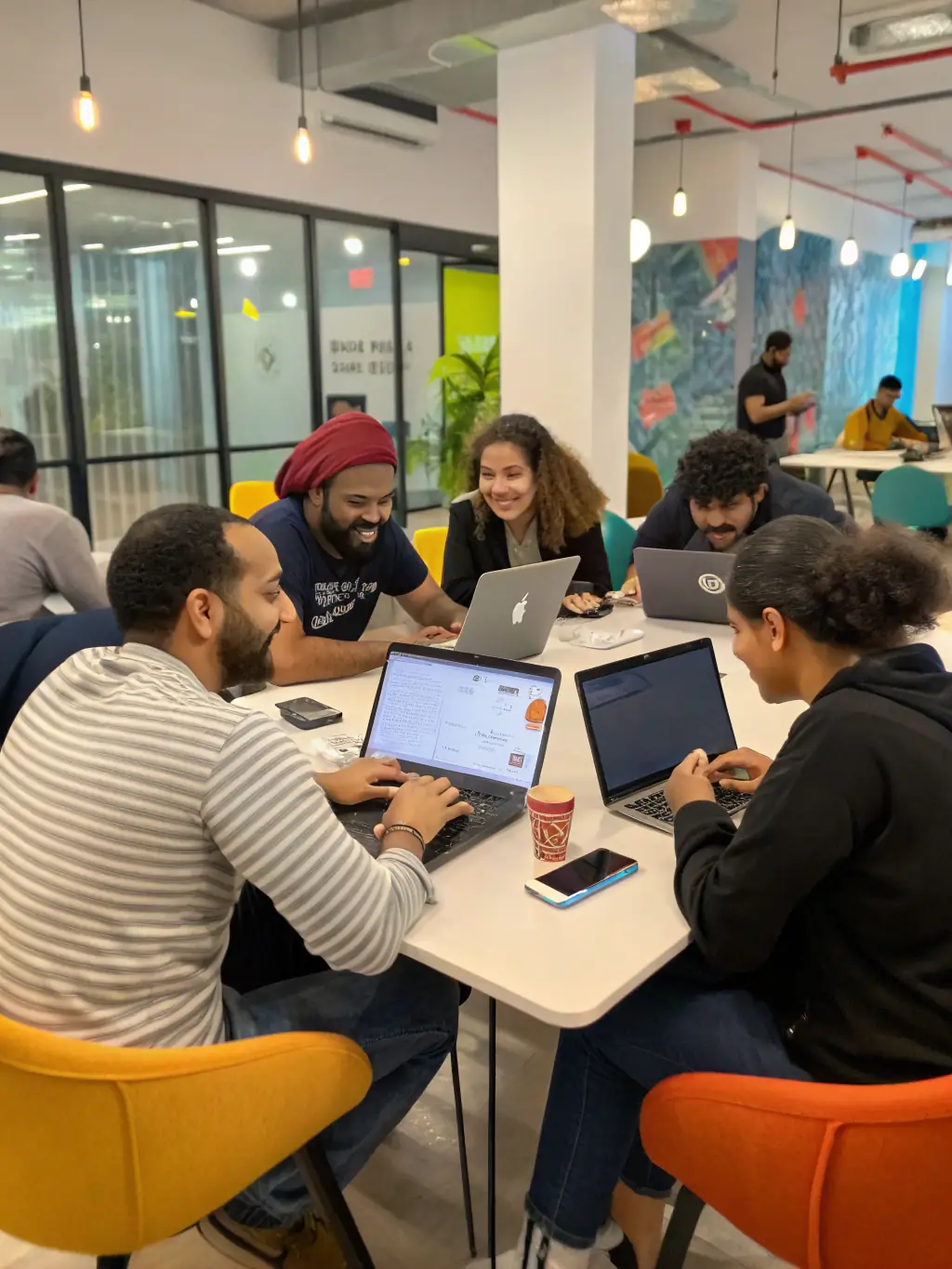 A vibrant image showing attendees actively participating in a workshop session, collaborating on a project, and exchanging ideas at the airbushub.uno event.