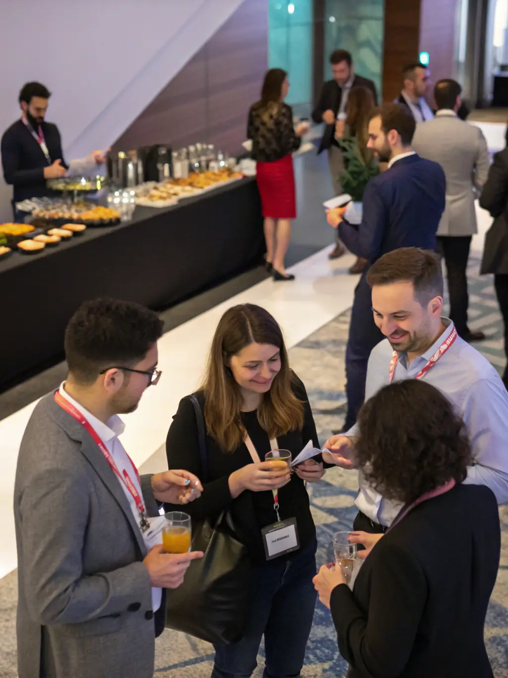 A candid shot of conference attendees networking during a coffee break, exchanging business cards, and engaging in lively conversations at the airbushub.uno conference.