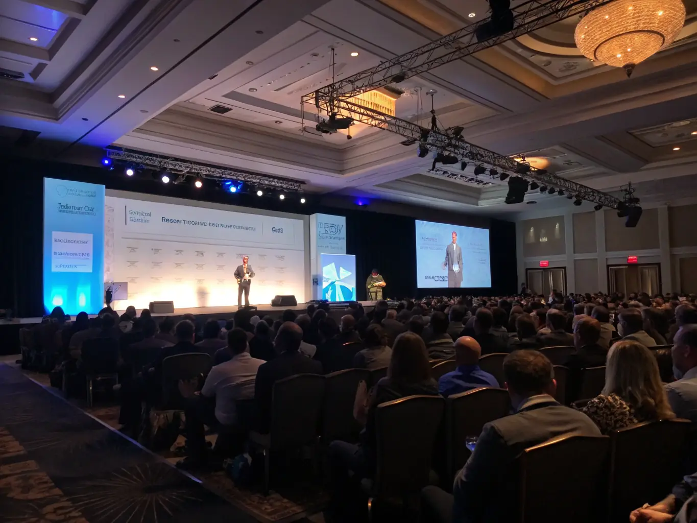 A photograph of a modern conference hall filled with attendees listening to a keynote speaker at a technology conference in Johannesburg, South Africa.