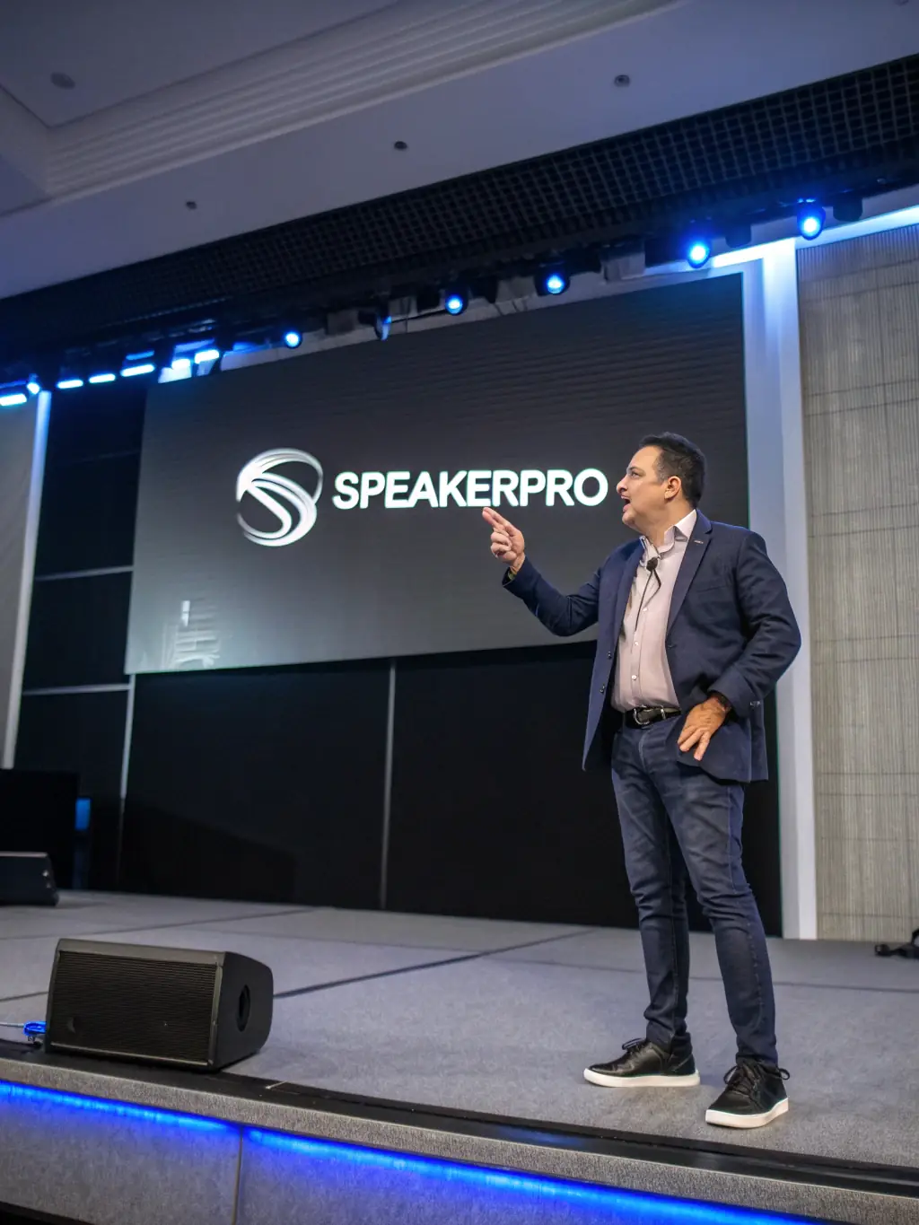 A photograph capturing a keynote speaker passionately addressing a large audience at the airbushub.uno conference, with the company logo subtly displayed in the background.