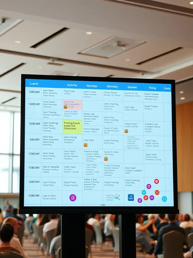 A photograph of a conference room with a large screen displaying a detailed schedule of events, including session times, speaker names, and room locations. Attendees are seen reviewing the schedule.